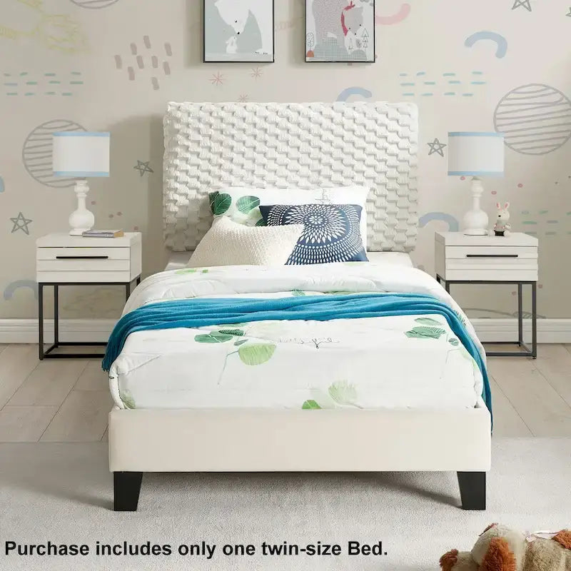 Roundhill Findlay Plush 3D Upholstered Platform Bed in White Dove