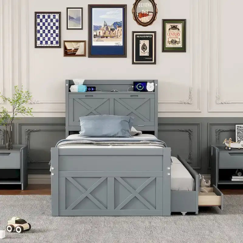 Storage Wooden Bed with Twin Size Trundle and Three Storage Drawers