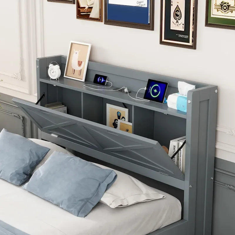 Storage Wooden Bed with Twin Size Trundle and Three Storage Drawers