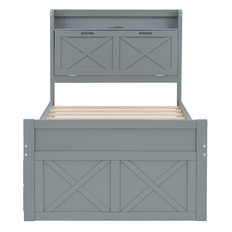 Storage Wooden Bed with Twin Size Trundle and Three Storage Drawers