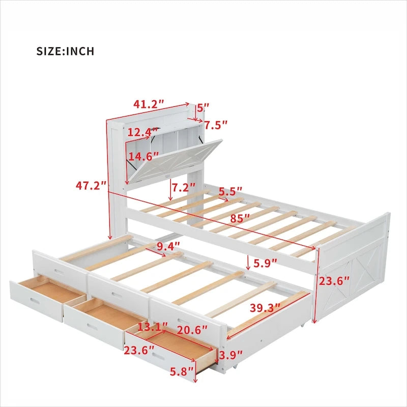 Storage Wooden Bed with Twin Size Trundle and Three Storage Drawers