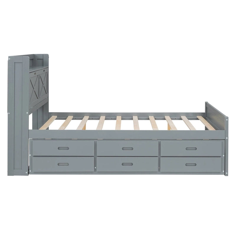 Storage Wooden Bed with Twin Size Trundle and Three Storage Drawers