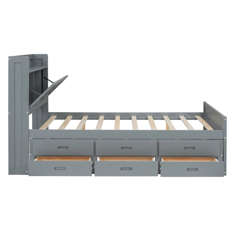 Storage Wooden Bed with Twin Size Trundle and Three Storage Drawers