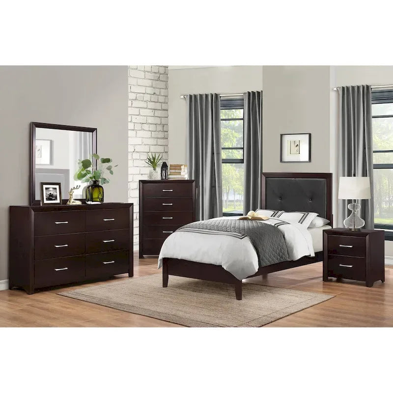 5pc Bedroom Set Espresso Finish Bed Nightstand Dresser Mirror Chest