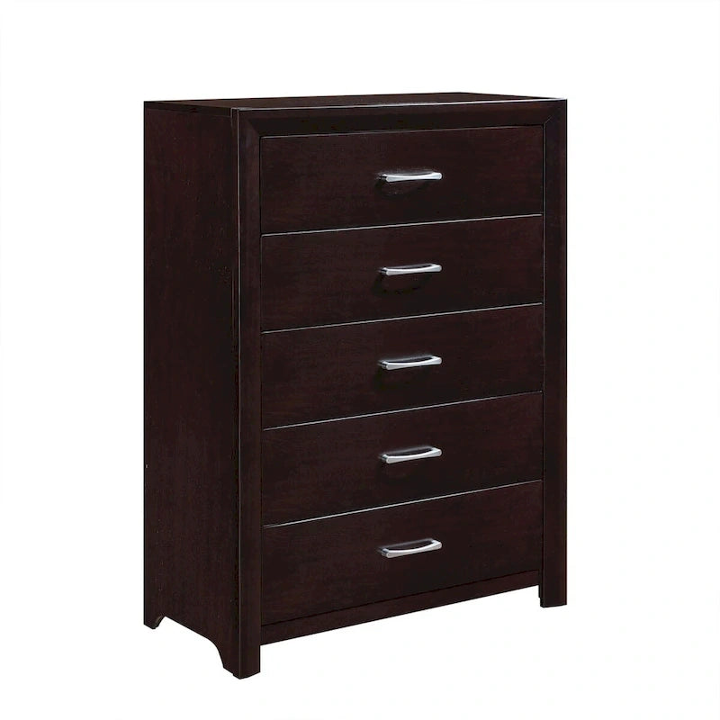 5pc Bedroom Set Espresso Finish Bed Nightstand Dresser Mirror Chest