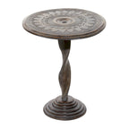 Mango Wood Floral Intricately Carved Side End Accent Table with Spiral Leg and Gray Distressing - Brown - Roche River Decor