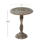 Mango Wood Floral Intricately Carved Side End Accent Table with Spiral Leg and Gray Distressing - Brown - Roche River Decor
