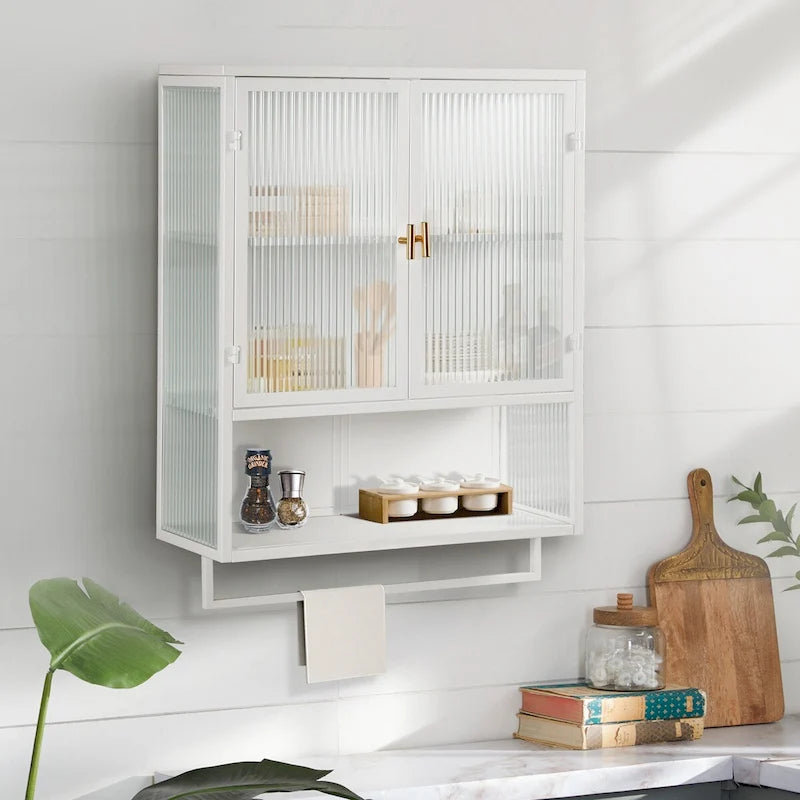 Roomfitters Modern 23.62 Glass Door Wall Cabinet with Two-Tier Enclosed Storage, Open Shelf, and Towel Rack for Entryway