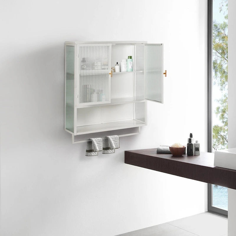 Roomfitters Modern 23.62 Glass Door Wall Cabinet with Two-Tier Enclosed Storage, Open Shelf, and Towel Rack for Entryway