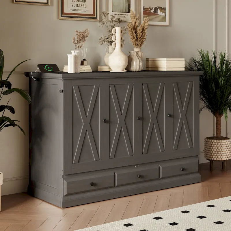 Solid Pine Murphy Bed Chest Cube Cabinet Bed with Drawer